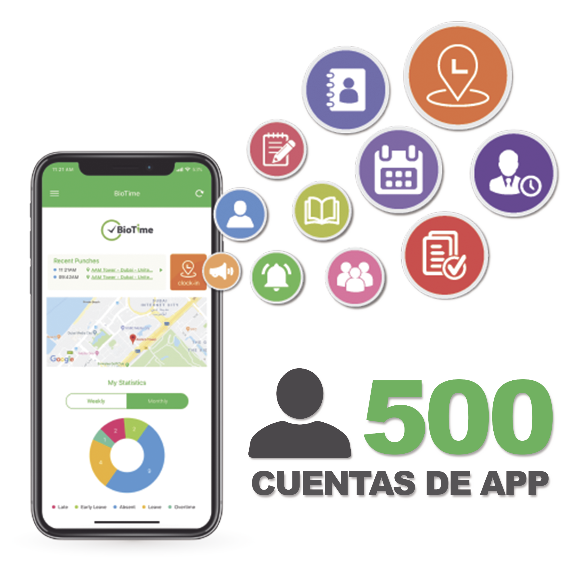 Licencia para realizar checadas de asistencia desde Smartphone (APP) con envío de fotografía y ubicación por GPS / Compatible con BIOTIMEPRO / Licencia para 500 usuarios