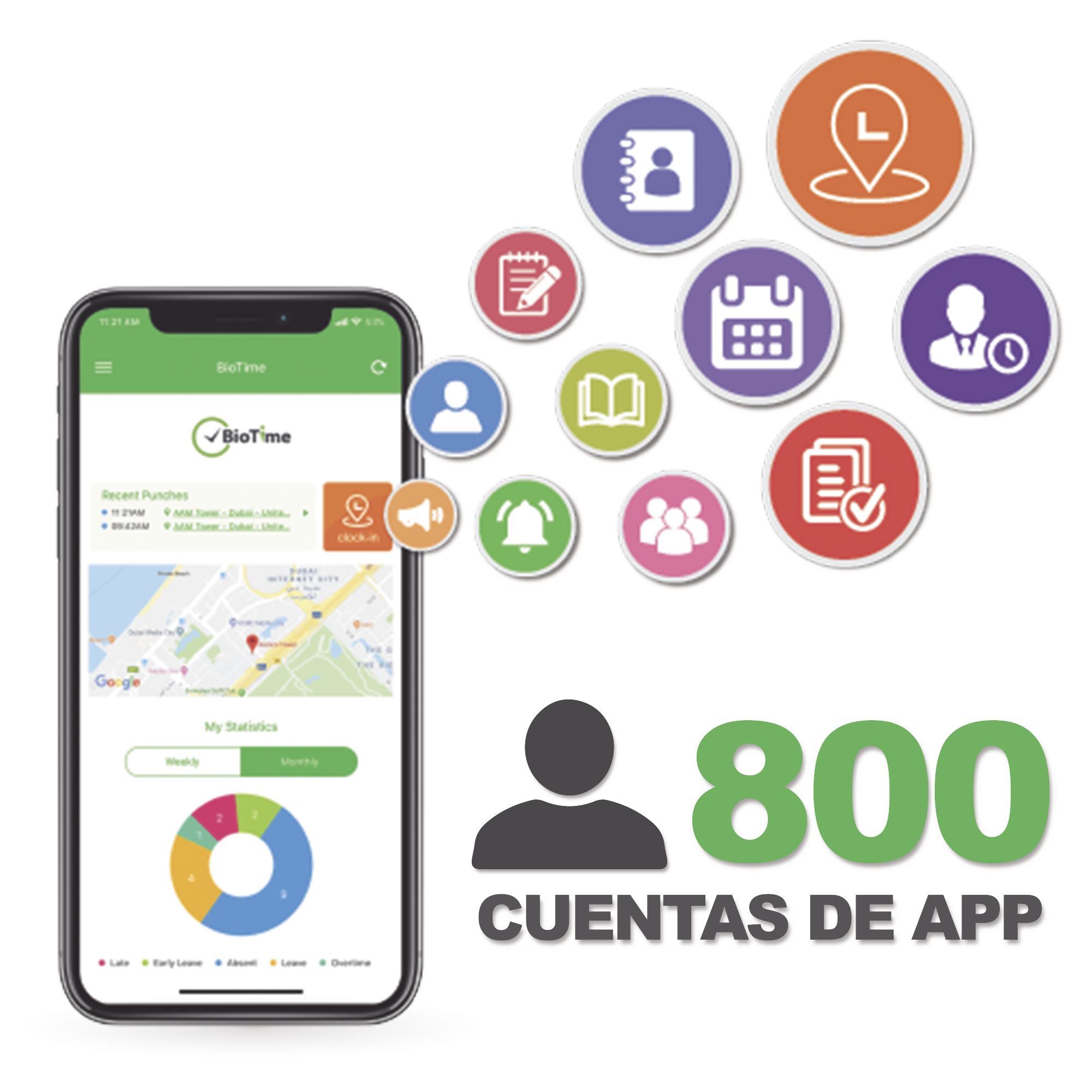 Licencia para realizar checadas de asistencia desde Smartphone (APP) con envío de fotografía y ubicación por GPS / Compatible con BIOTIMEPRO / Licencia para 800 usuarios