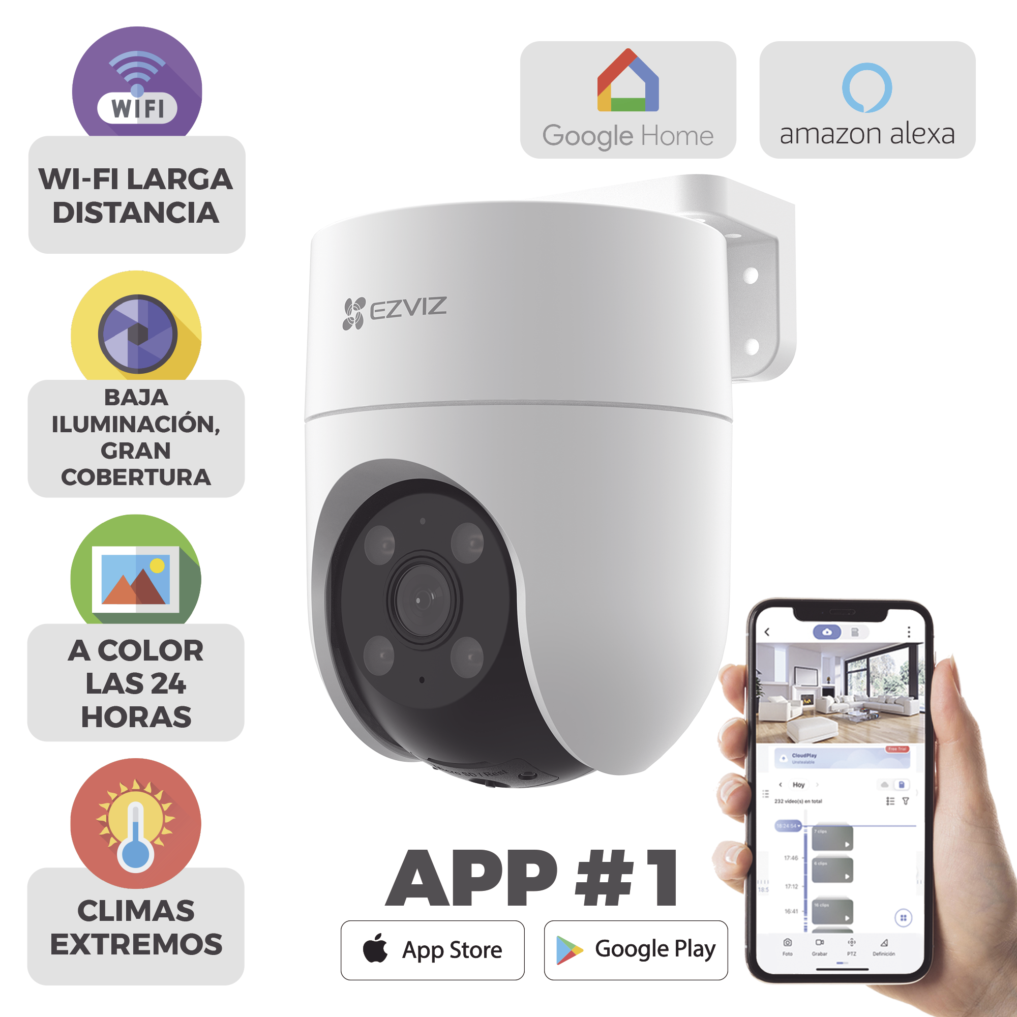 Camara PT WiFi / 2 Megapixel / Cobertura 360° / Detección humana / Seguimiento Inteligente / Sirena / Luz Parpadeante / Colores en Oscuridad / Micro SD / Audio de Dos Vías / Exterior Con Protección