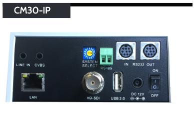 Cámara CM30-IP de video 720p/60, 720p/50, NTSC, PAL, 20x zoom óptico, 16x zoom digital, Transmisiones codificado en H.265, salida SDI y CVBS