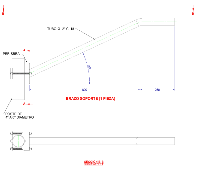 Brazo Galvanizado para Luminaria 2" Diámetro con Abrazadera para Poste hasta 3" Diámetro.