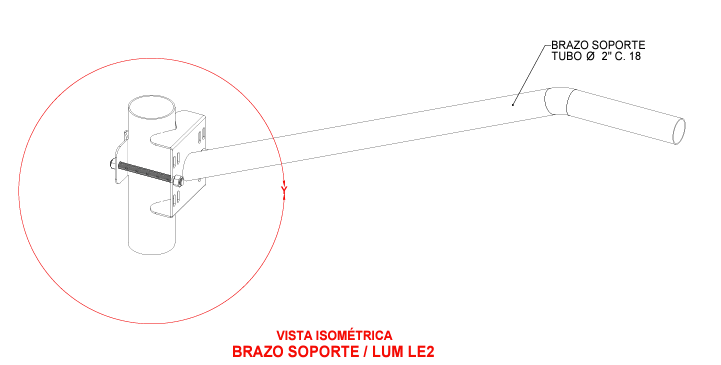 Brazo Galvanizado para Luminaria 2" Diámetro con Abrazadera para Poste hasta 3" Diámetro.