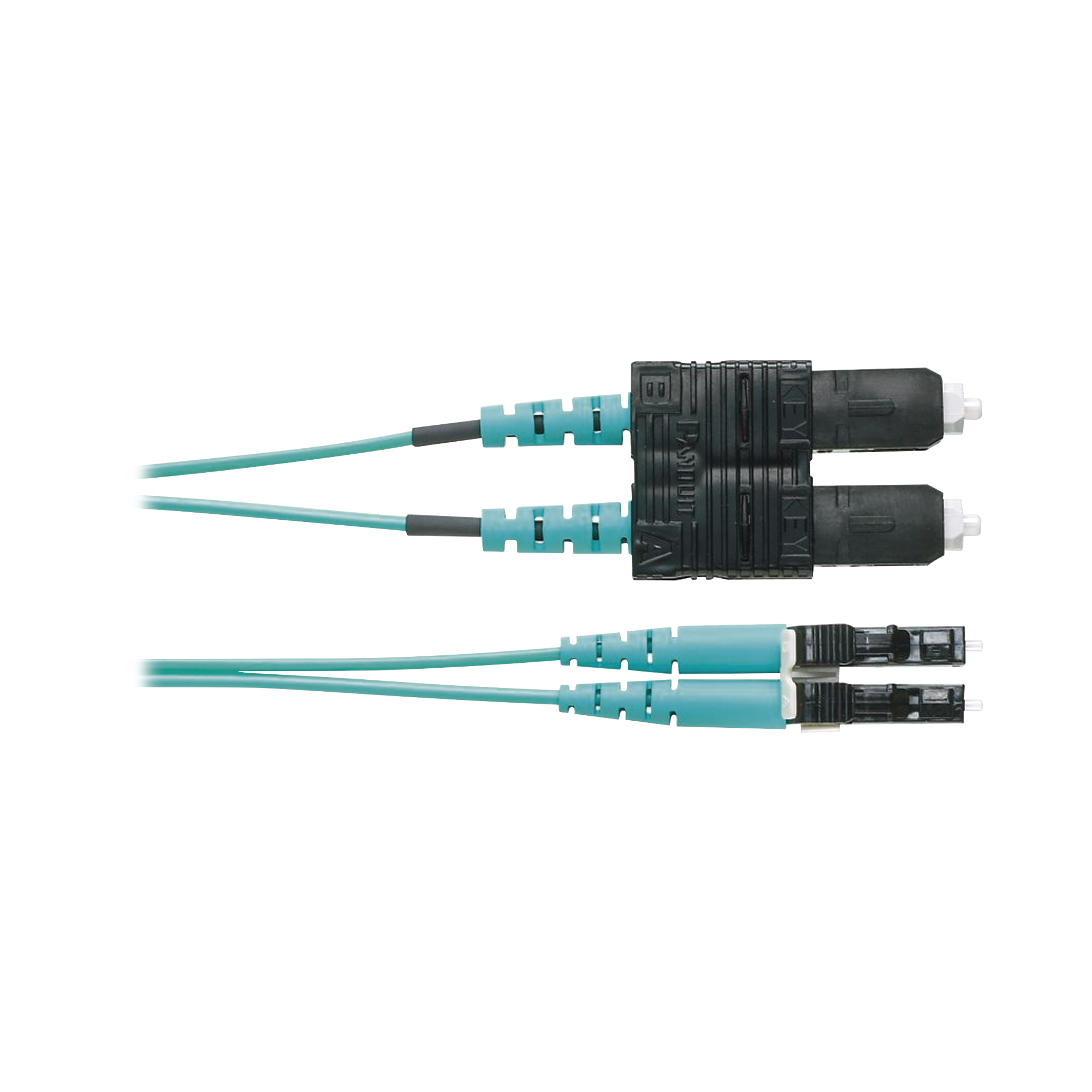 Jumper de Fibra Optica Multimodo 50/125 OM3, LC-SC Duplex, OFNR (Riser), Color Aqua, 1 Metro