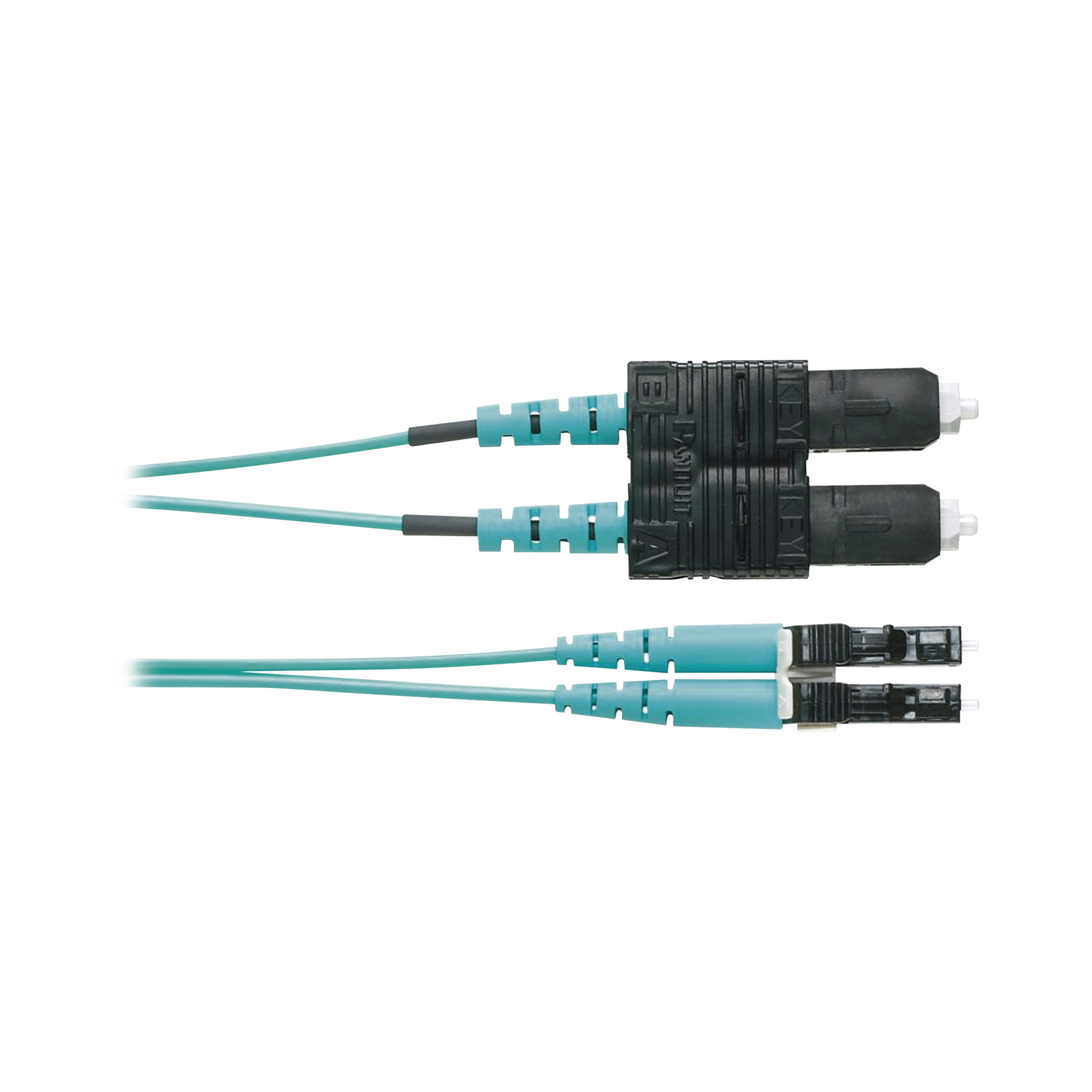 Jumper de Fibra Optica Multimodo 50/125 OM4, LC-SC Duplex, OFNR (Riser), Color Aqua, 2 Metros