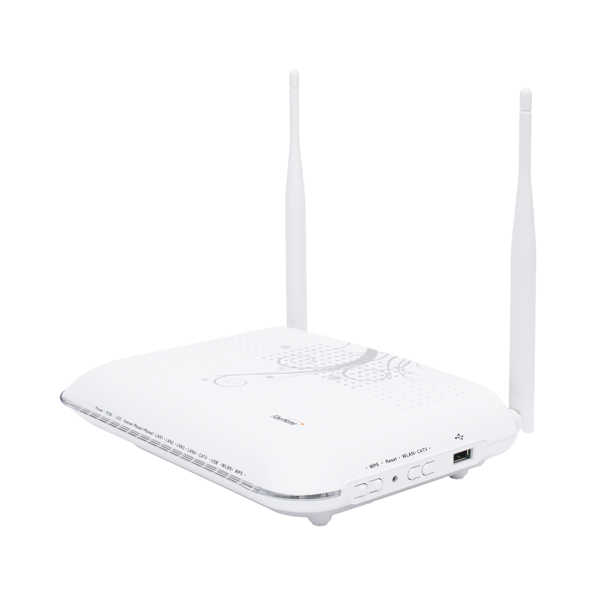 ONU GPON con 4 puertos Gigabit Ethernet + 2 POTS + 1 USB + 1 CATV (RF) + WiFi 2.4 GHz, conector SC/APC