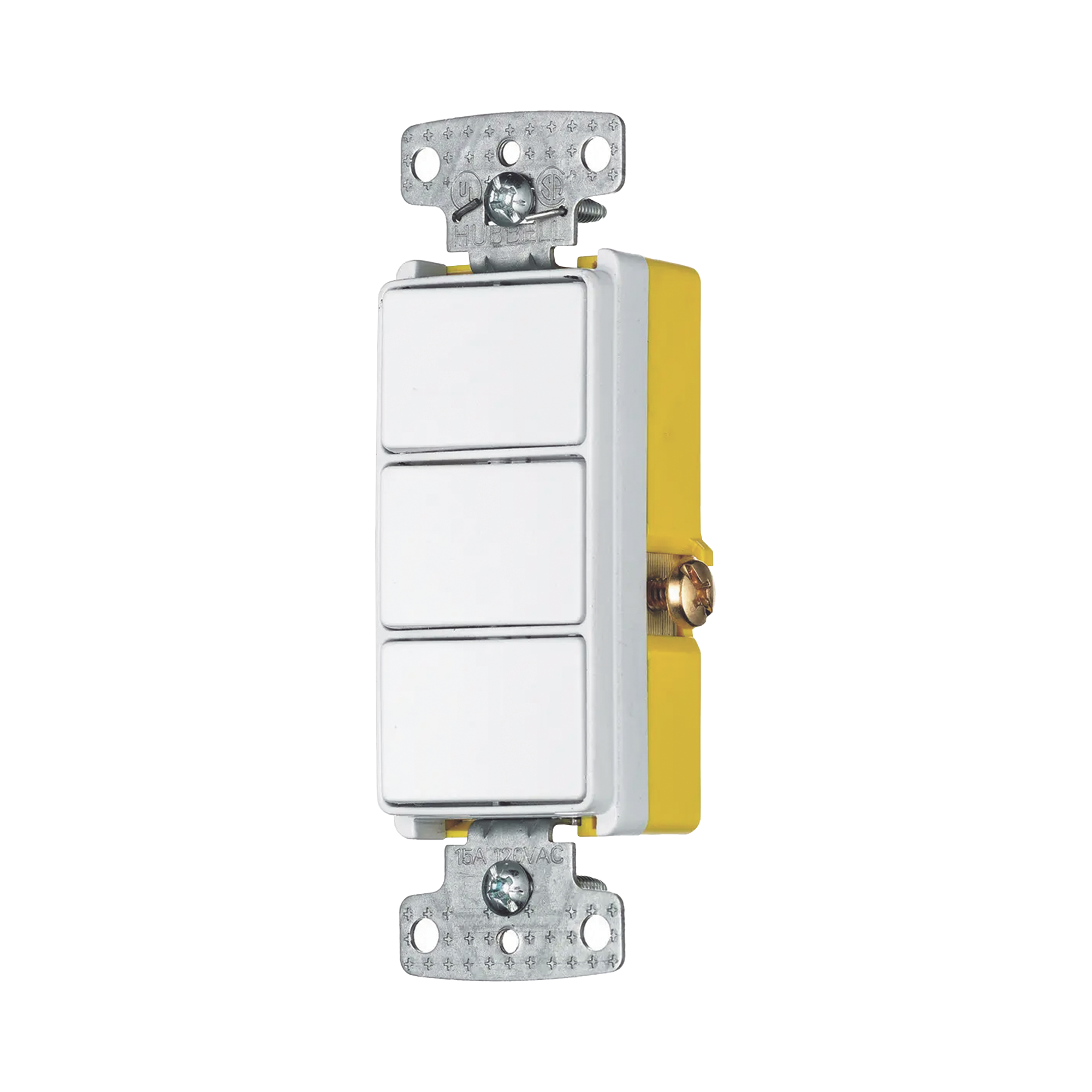 Interruptor Residencial 15 A 120 V, con 3 Bases Unipolares, Cableado lateral, Color Blanco.