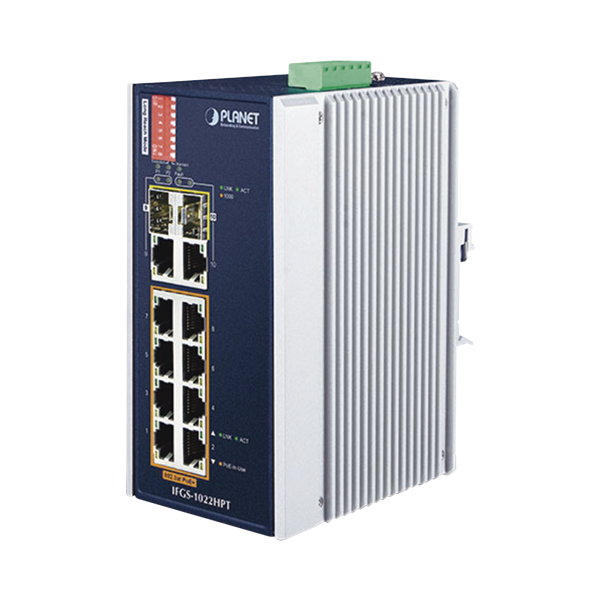 Switch Industrial PoE no administrable de 8 Puertos 10/100TX 802.3at,  Hasta 240 W, Combo TP / SFP Gigabit TP / SFP  (-40 ~ 75 grados C)