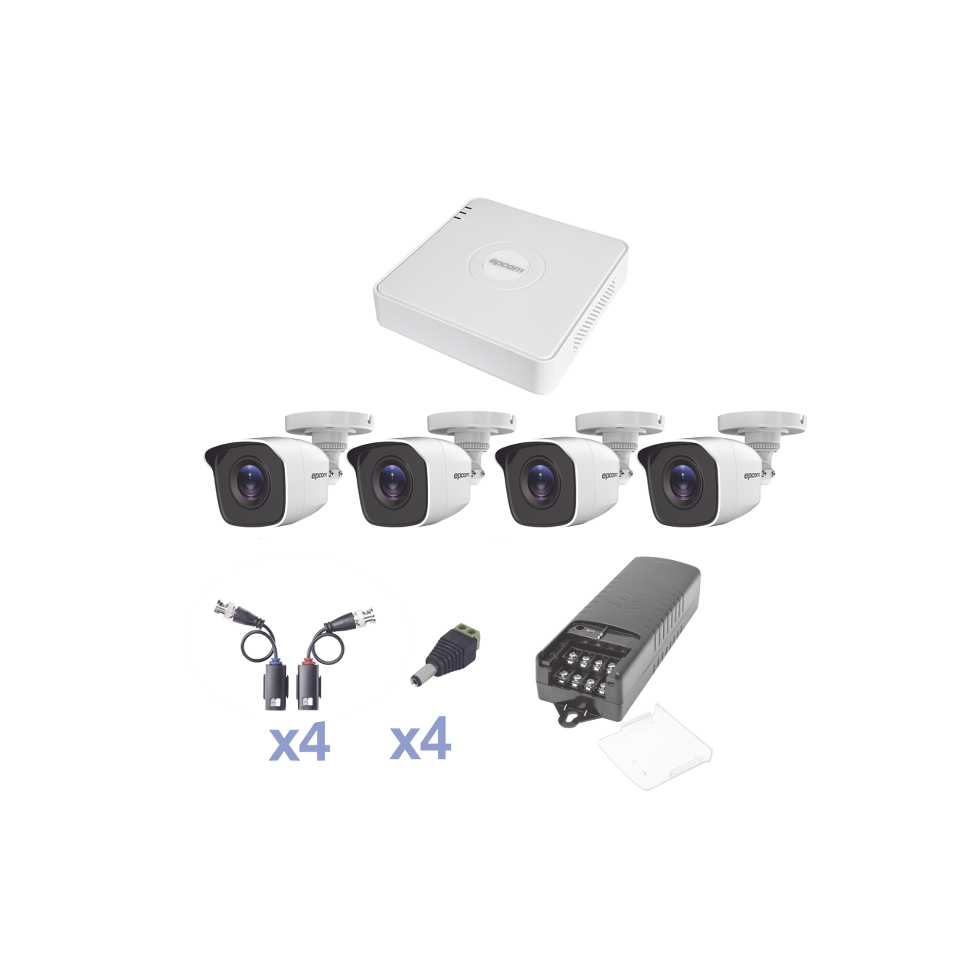 KIT TurboHD 720p / DVR 4 Canales / 4 Cámaras Bala (exterior 2.8 mm) / Transceptores / Conectores / Fuente de Poder Profesional