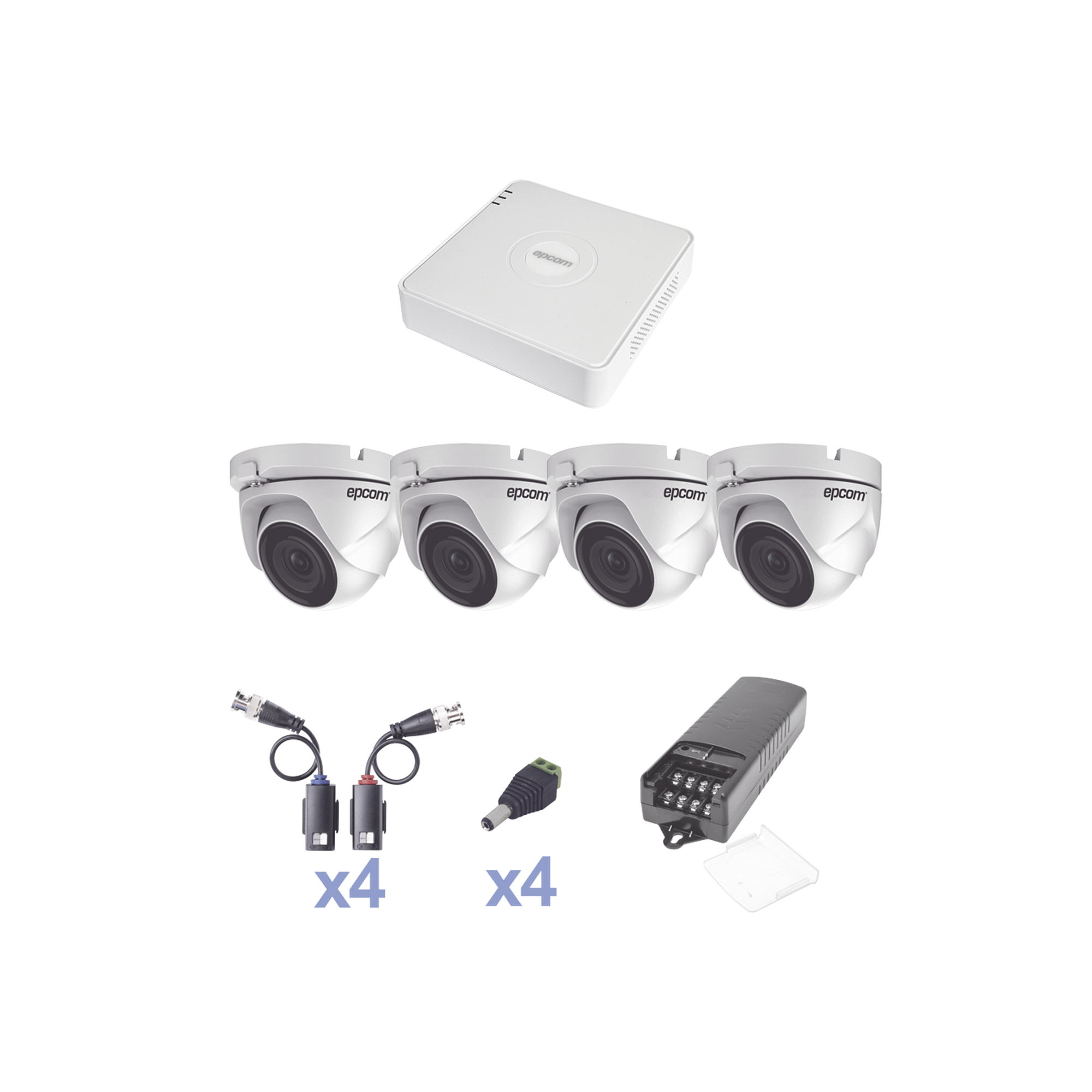 KIT TurboHD 720p / DVR 4 Canales / 4 Cámaras Eyeball 92° visión (exterior) / Transceptores / Conectores / Fuente de Poder Profesional