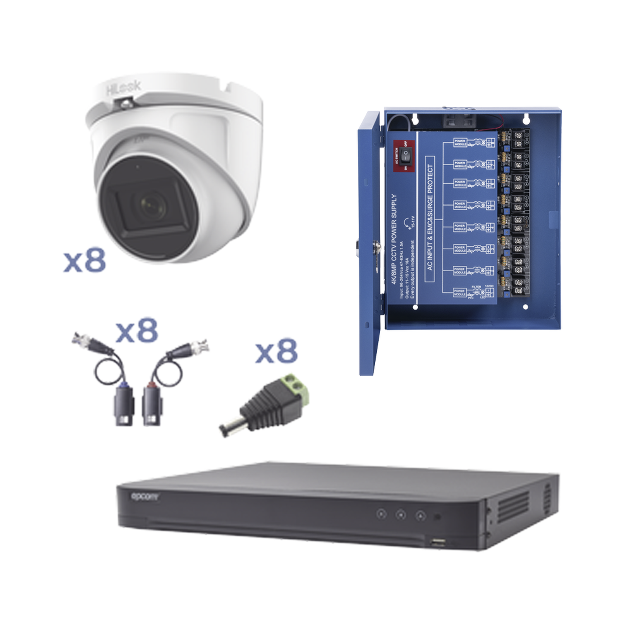 KIT TurboHD con Audio 1080p / DVR 8 Canales / 8 Cámaras Domo (exterior 2.8 mm) / Transceptores / Conectores / Fuente de Poder / AUDIO POR COAXITRON