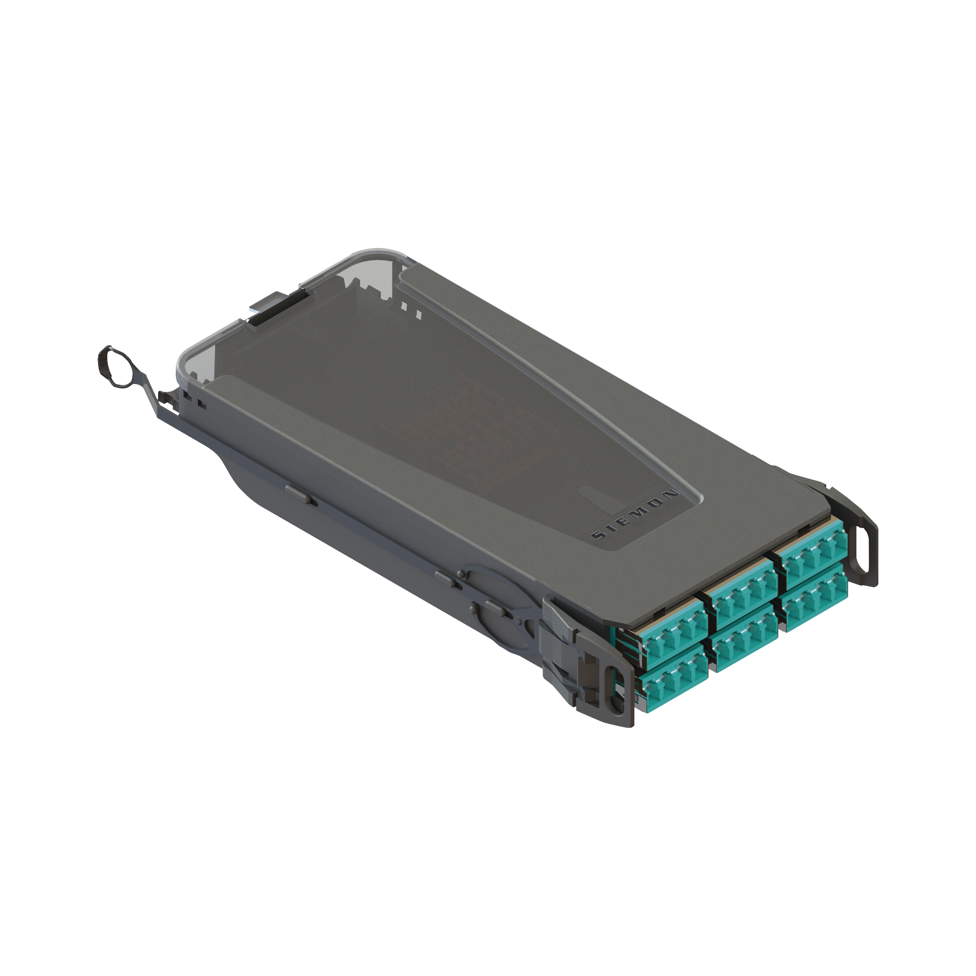 Cassette de empalme LightVerse, Acepta 24 fibras con conectores LC “Shuttered” Para fibra Multimodo Aqua OM3, incluye tapas cubre polvo abatibles integradas por cada conector.