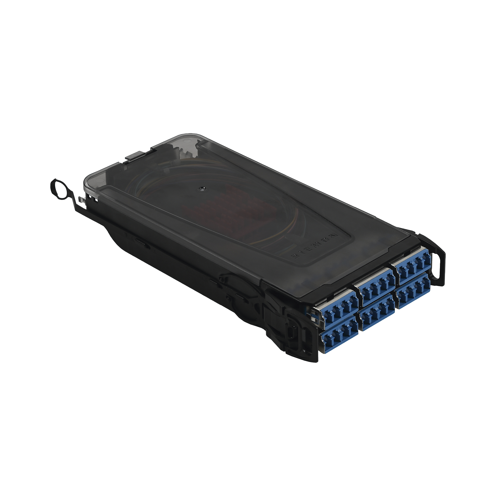 Cassette de empalme LightVerse, Acepta 24 fibras con conectores LC “Shuttered” Para fibra Monomodo, Azul incluye tapas cubre polvo abatibles integradas por cada conector.