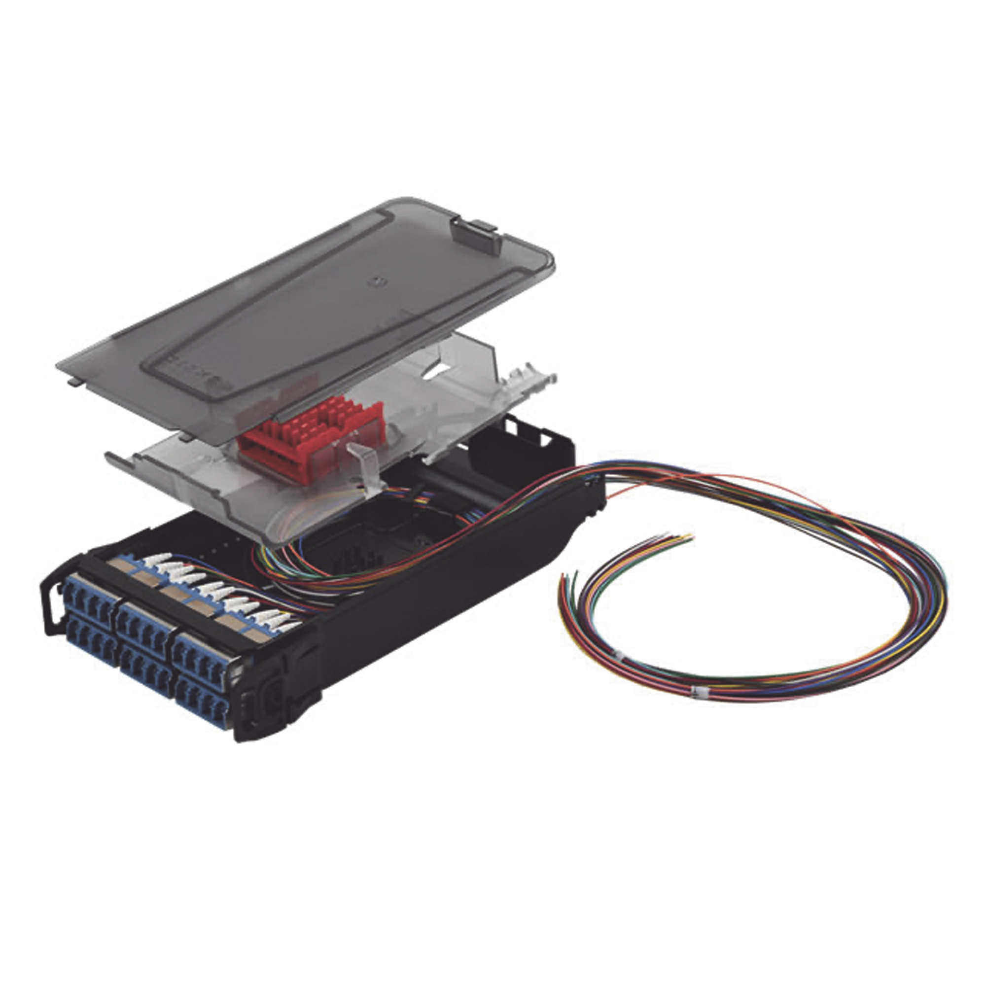 Cassette de empalme LightVerse, Acepta 24 fibras con conectores LC/UPC “Shuttered” Para fibra Monomodo OS2, Azul, incluye tapas cubre polvo abatibles integradas por cada conector.