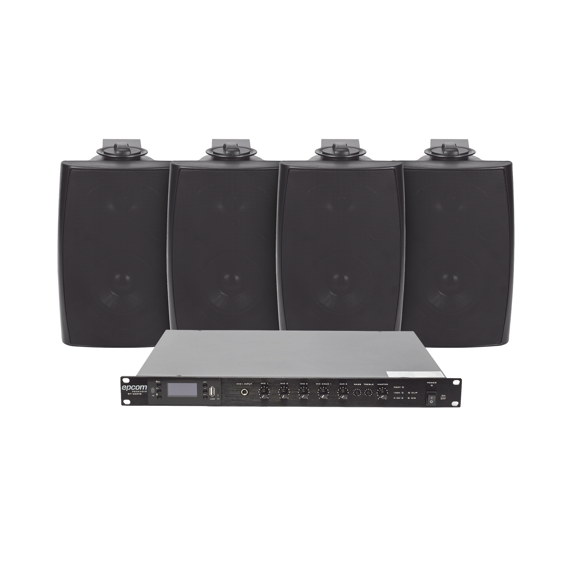 KIT de Amplificador de 120W para Rack | 4 Altavoces de Pared color Negro 2.5W - 20W | Sistema 70/100V