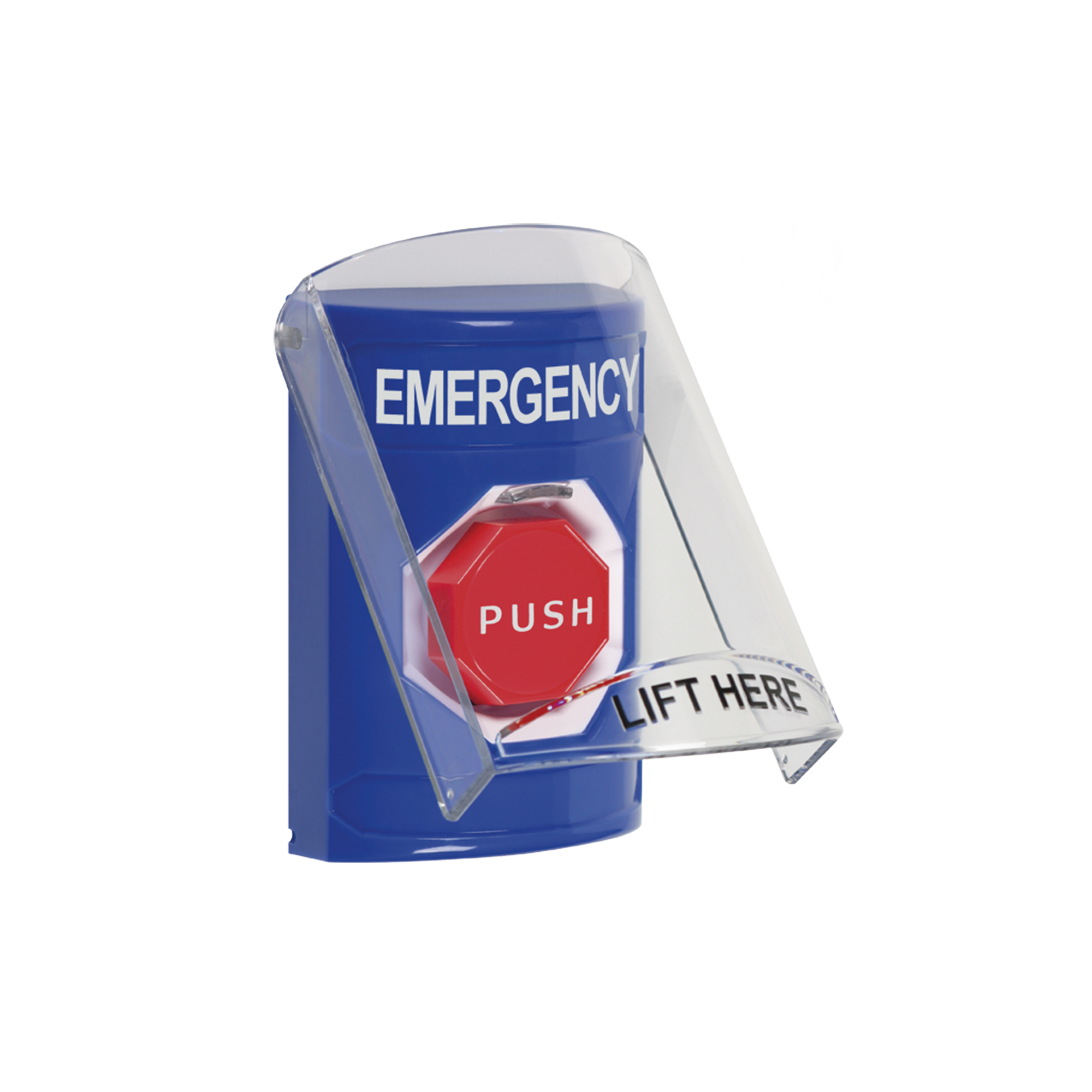 Botón de Emergencia en Ingles con Tapa Protectora de Policarbonato Súper Resistente, Restablecimiento con Llave y Sirena