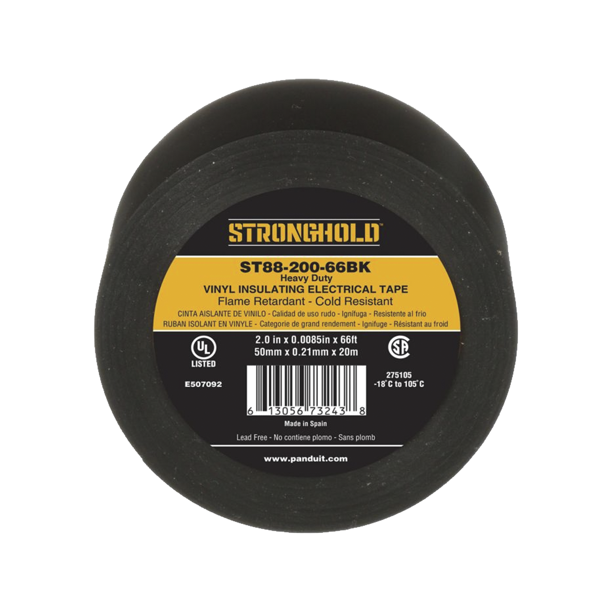 Cinta Eléctrica Para Aislar, de PVC, Trabajo Pesado, Grosor de 0.21 mm (8.5 mil), Ancho de 50 mm, y 20 m de Largo, Uso Interior/Exterior, Color Negro