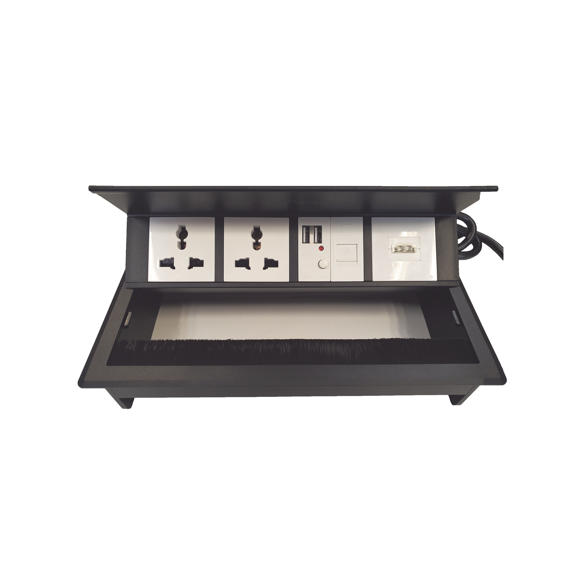 Caja Horizontal tipo Hub para escritorio color negro, con 1 Puerto HDMI Hembra-Hembra, 1 puerto RJ45 Cat6,  2 Puertos USB (Solo carga),  y 2 Contactos eléctricos universales