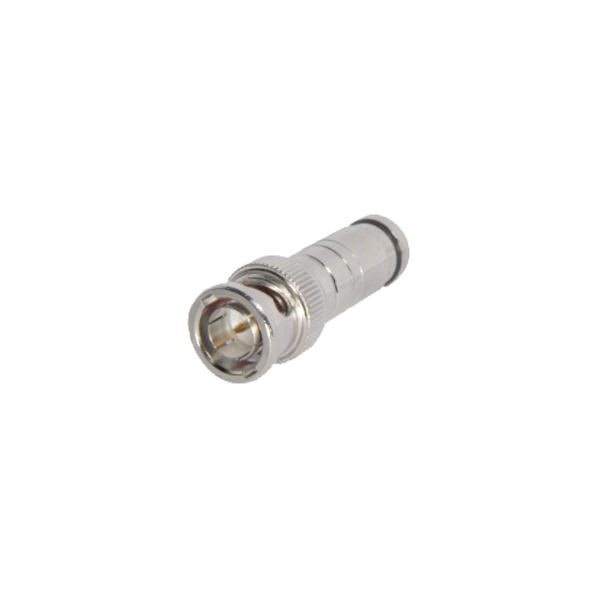 Conector BNC Macho en 75 Ohm, de Compresión Axial para Cable Coaxial RG-59/U, Níquel/ Oro/ Politetrafluoroetileno.