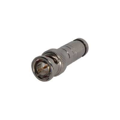 Conector BNC macho de 75 Ohm, con base de resorte para montar a presión cable coaxial RG-59/ RG-6, Níquel/ Oro/ Teflón.