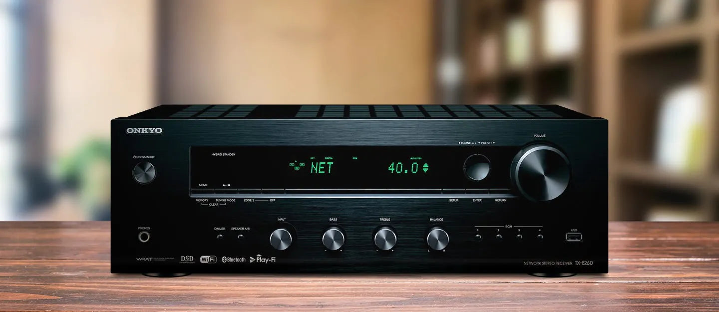 ONKYO TX-8470 Receptor de audio estéreo de red Wi-Fi y Bluetooth integrados 4 Canales 110 W 8 Ω, Chromecast, AirPlay/Spotify/TIDAL, 4 entradas HDMI con resolución 8K