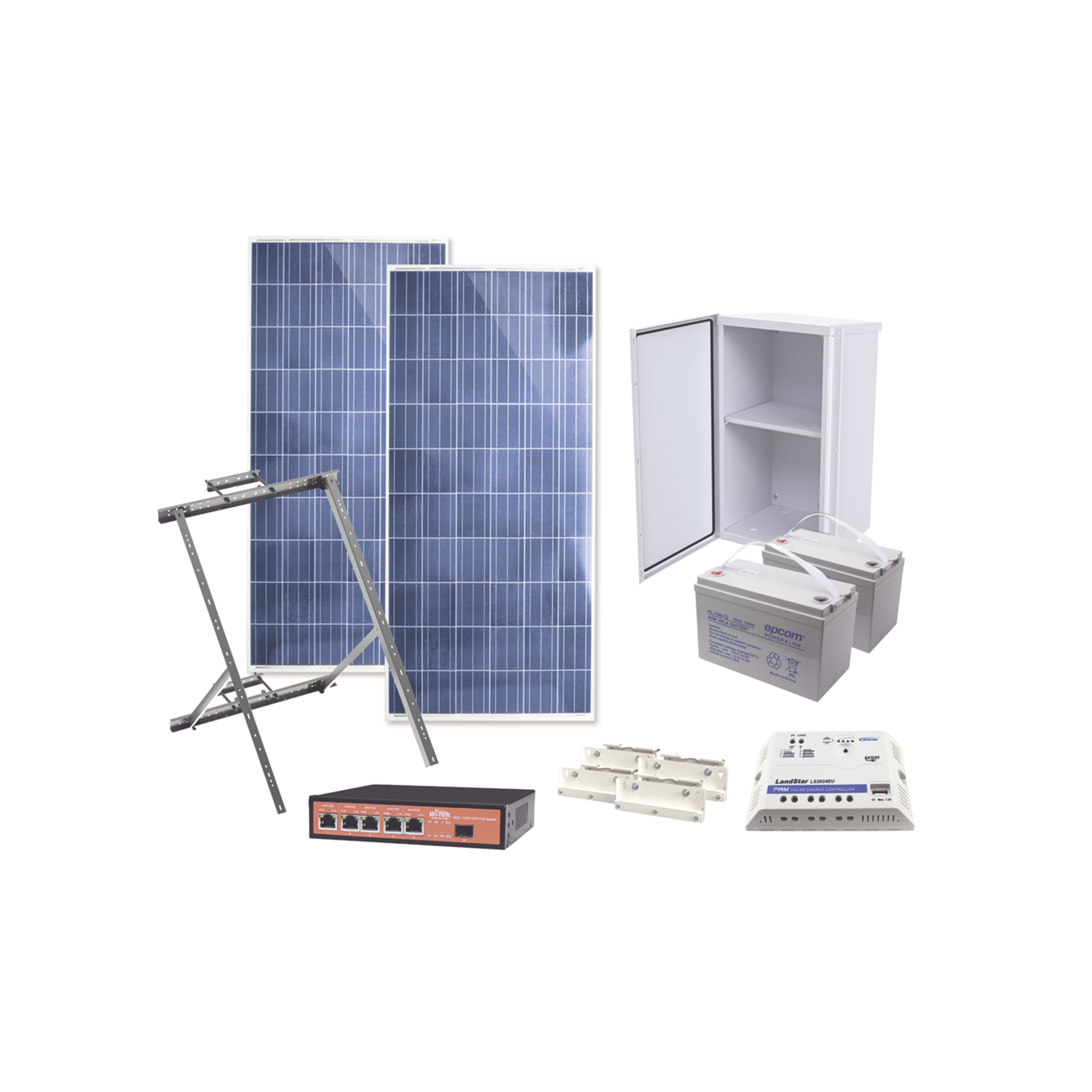 Kit Solar Witek de 28 W con 5 Puertos PoE 802.3 af y PoE Pasivo 24 V para Camaras IP y un Enlace Punto a Punto en 24 Vcd