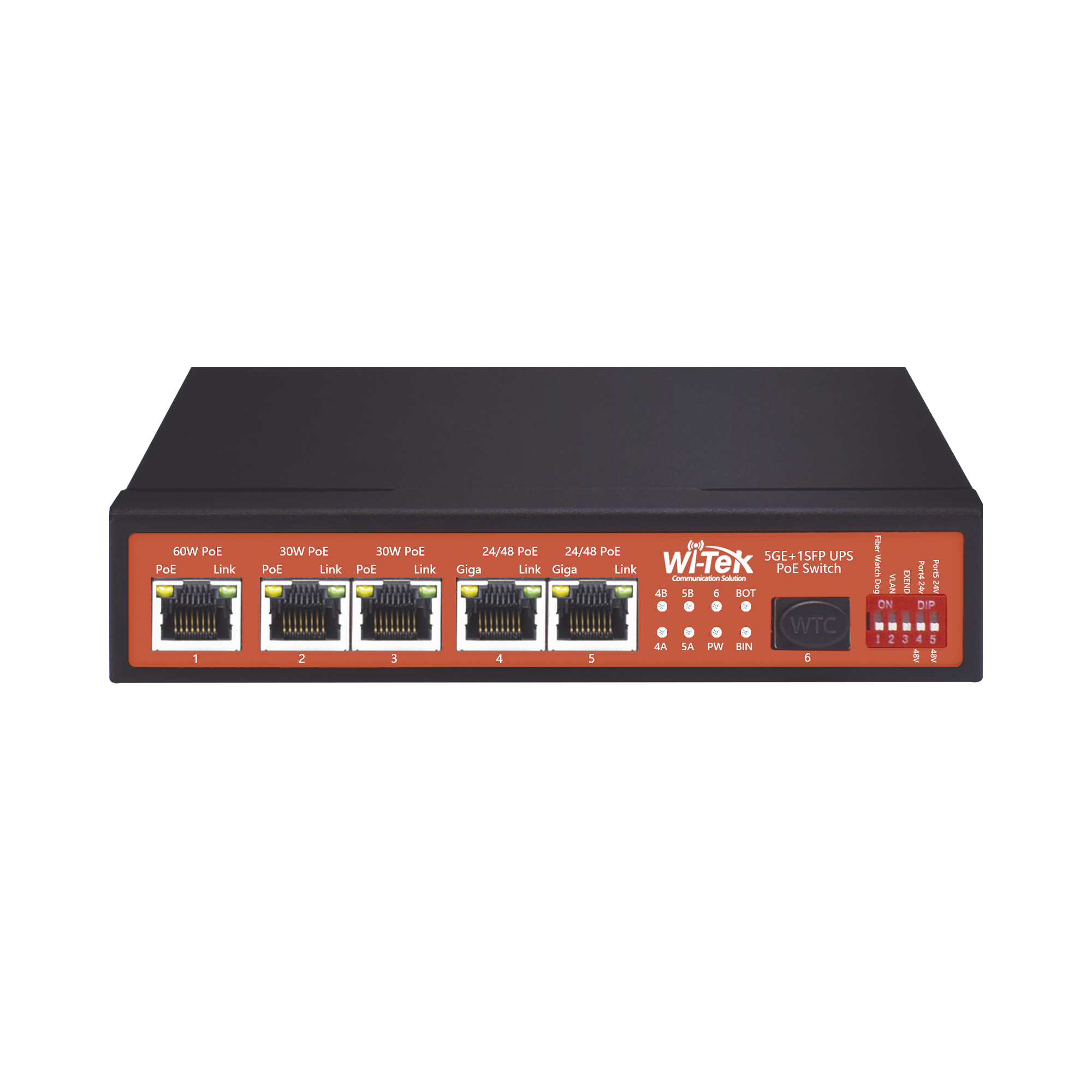 Switch No Administrable de 5 puertos Gigabit PoE (802.3af/at/bt y Pasivo de 24 Vcc) + 1 puerto SFP Gigabit, con controlador de carga para baterías