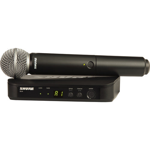 SHURE BLX24/SM58 Sistema Inalámbrico con micrófono de mano, cardioide SM58, Para presentadores y artistas, 123 frecuencias escaneó automático.