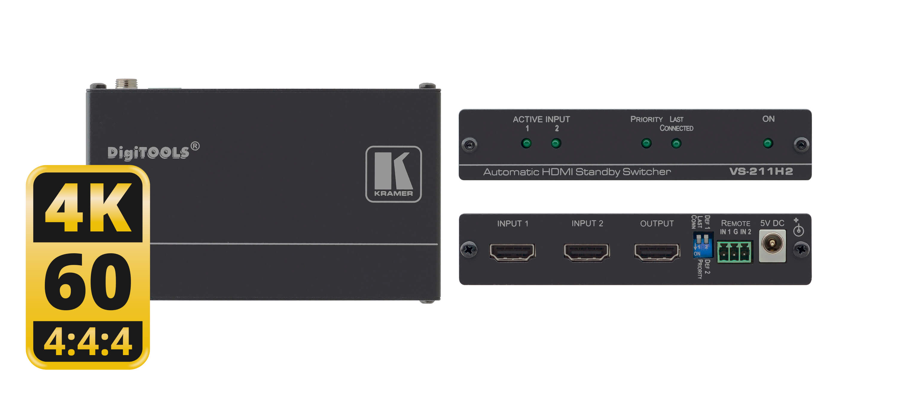 Kramer VS-211H2 Switcher Selector Automático de HDMI 2X1 4K Conmutación automática (última conexión/prioridad) HDR y compatible con HDCP 2.2