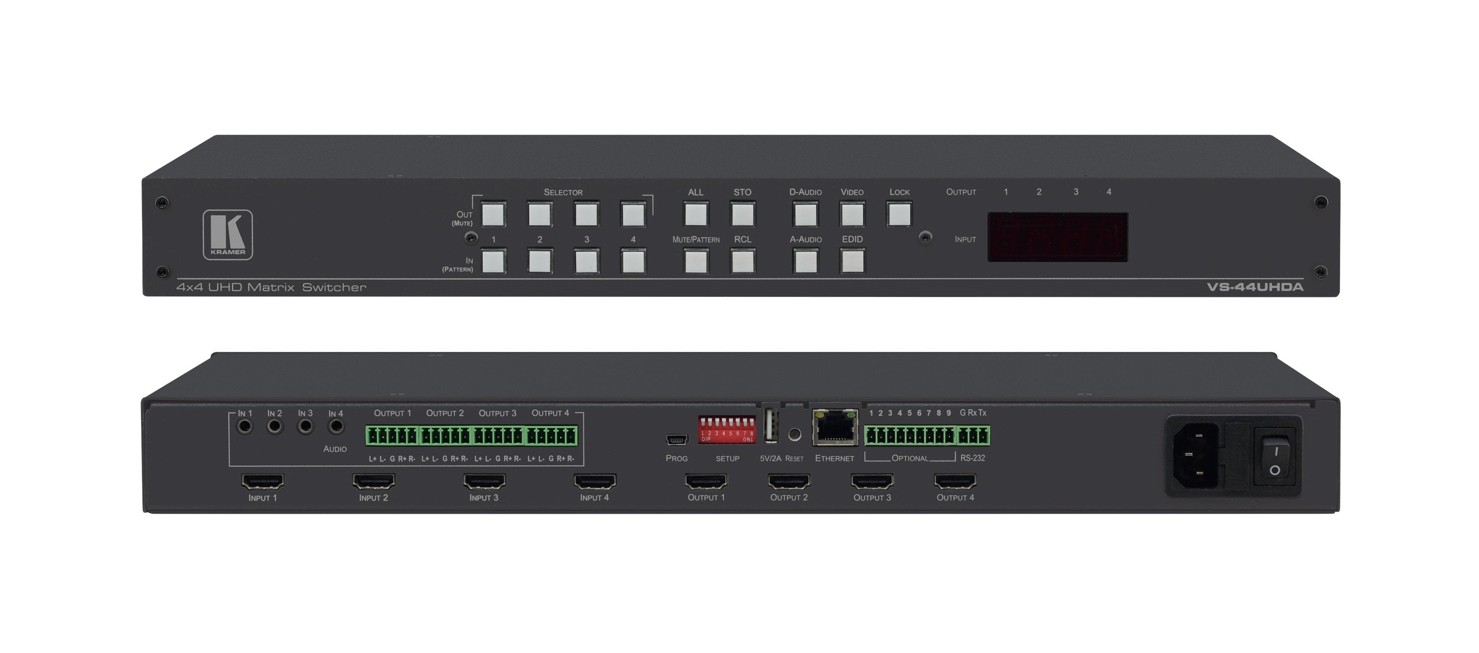 Kramer VS-44UHDA Switcher matricial de HDMI 4X4 4K con embebedores/desembedores de audio integrado Matriz de audio independiente, Función Step–In