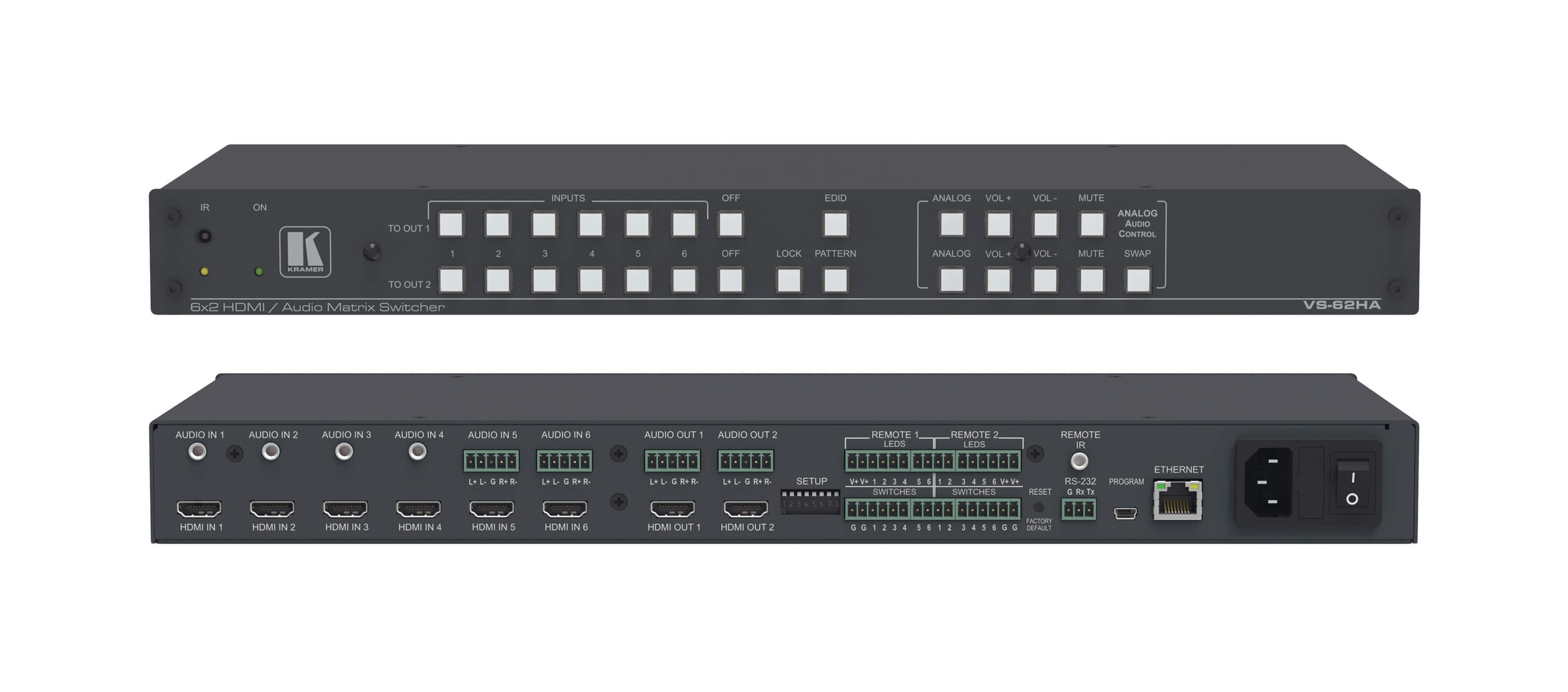 Kramer VS-62HA Switcher matricial automático de HDMI 6X2 4K Matriz de audio independiente, Generador Interno de Patrones, modo automático y/o manual