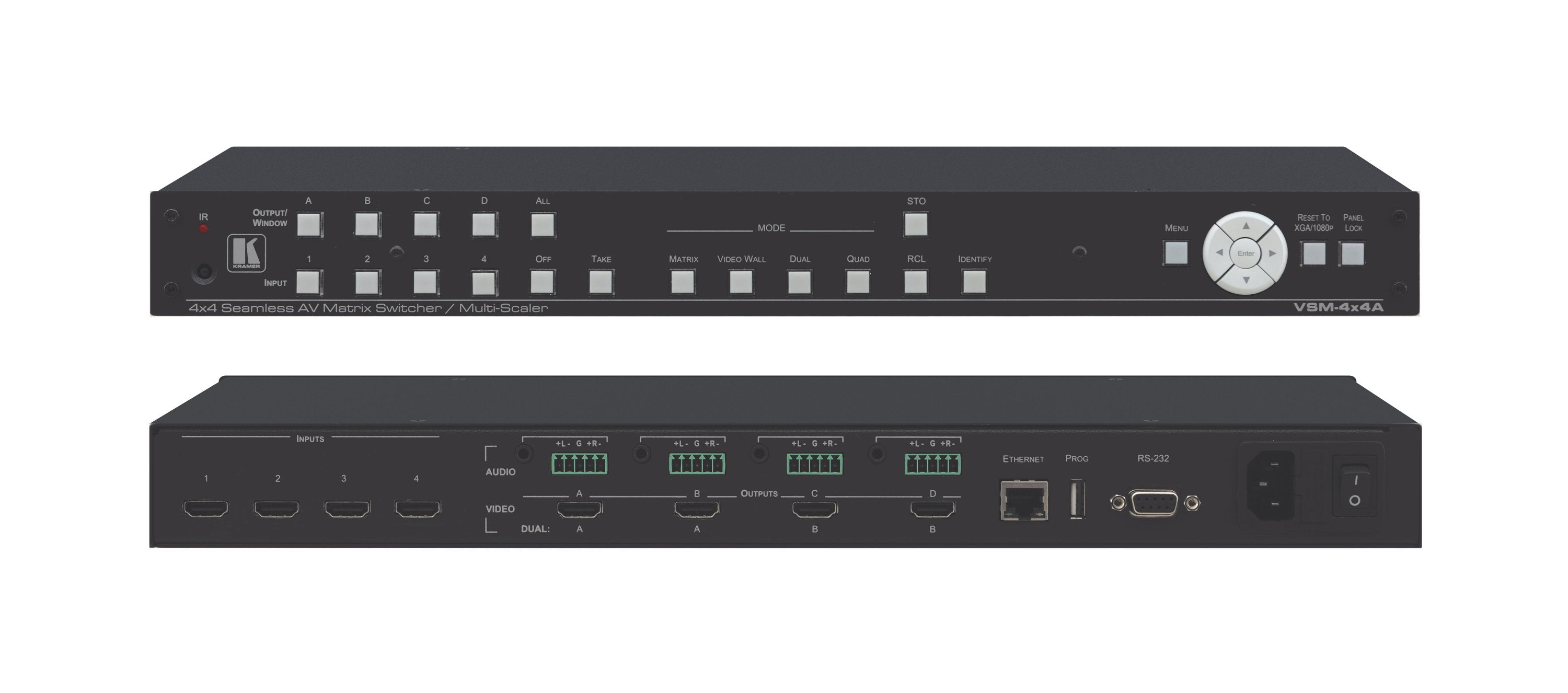 Kramer VSM-4x4A Switcher matricial de HDMI 4X4 con escalador y cambio sin cortes, Modos Videowall, Quad y Dual Resolución WUXGA/1080p Salidas de Audio